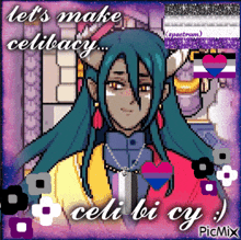 a pixel art of a girl with the words let 's make celibacy written on it