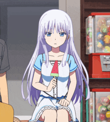 a girl with long white hair is holding a watermelon slice in her hand