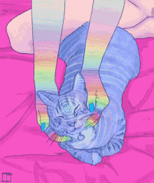 a drawing of a cat laying on a bed with a person 's legs in rainbow socks .