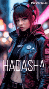 a girl with red hair is wearing a black leather jacket with the name hadasha on it