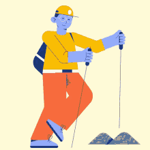 a cartoon drawing of a man with a yellow hard hat and a backpack