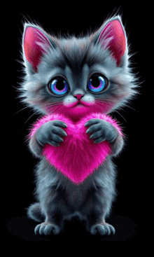 a kitten with blue eyes is holding a pink heart in its paws
