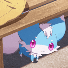 a blue and white animal with pink eyes is peeking out from under a wooden bench