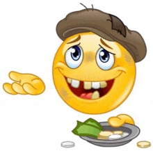 a cartoon smiley face wearing a hat is holding a bowl of money .