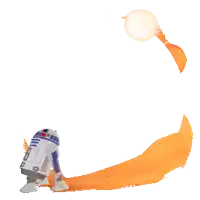 r2d2 from star wars is flying through the air with an orange tail behind him