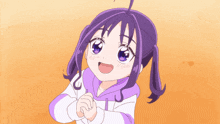 a cartoon girl with purple hair and blue eyes is smiling