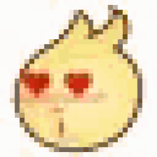 a yellow cartoon character with red heart shaped eyes .