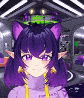 a girl with purple hair is wearing a shirt that says 112 45