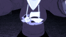 a person is wearing a purple hoodie with a white car on it