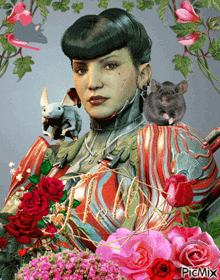 a picture of a woman surrounded by flowers and a rat with the word picmix at the bottom