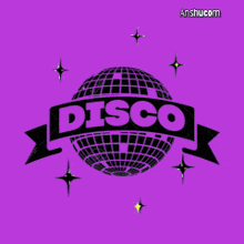 a disco ball with a black ribbon around it on a blue background