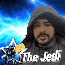 a man in a hooded jacket stands in front of a microphone with the words " the jedi " written above him