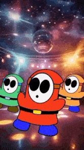 a group of shy guy cartoon characters are dancing in front of a disco ball .