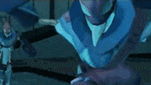 a couple of robots are standing next to each other in a room in a video game .