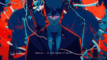 a man in a suit and tie is surrounded by demons with the words demon in the name of devil written below him