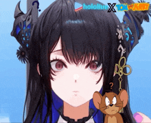 a close up of a girl 's face with the words holoblue x and tom and jerry