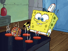 a cartoon of spongebob cooking hamburgers with a bag of lotto
