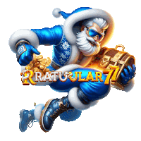 a cartoon of santa claus holding a treasure chest with the words " ratuular 7 " below him