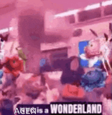 a group of stuffed animals are sitting on a table in a room with the words agen is a wonderland on the bottom .