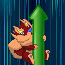a cartoon drawing of a fox holding a green arrow pointing up