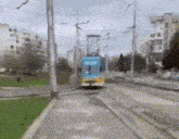 a trolley is driving down a street in a city .