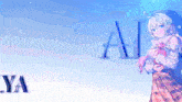 a girl with a scarf around her neck stands in front of a blue sky and the letters ai