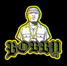 a drawing of a man wearing a beanie and a necklace with the word ' boston ' in yellow letters