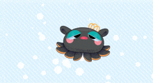 a cartoon drawing of a black jellyfish with a pink nose and blue eyes