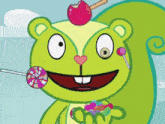 a cartoon squirrel is holding a lollipop and a cherry on his head