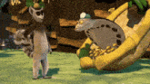 a lemur wearing sunglasses stands next to a bird