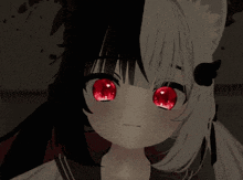 a black and white anime girl with red eyes is covering her face