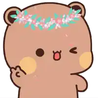 a cartoon bear with a wreath of pink flowers on its head