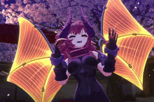 a girl with horns and wings is standing in front of a sign that says ' aogami ' on it