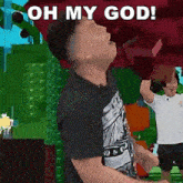 a man is standing in front of a red object and says oh my god !