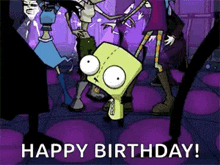 a cartoon character says " happy birthday " while dancing