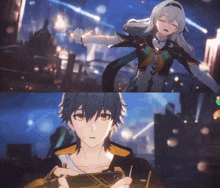 a boy and a girl are standing next to each other in an anime scene