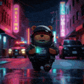 a cartoon of a teddy bear wearing a helmet with the number 2h1 on his shirt