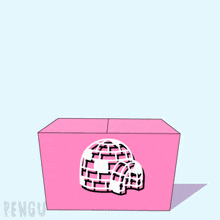 a penguin is in a pink box holding a cake