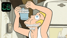 a cartoon of a man drinking from a cup with 65square verification written on it