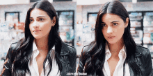 a woman wearing a white shirt and a black leather jacket is standing in front of a store
