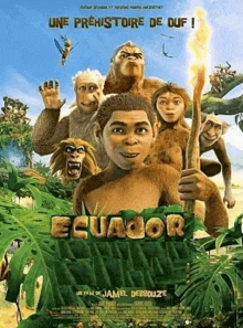 a movie poster for ecuador shows a boy holding a torch and surrounded by monkeys