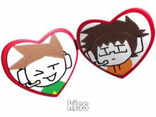 two heart shaped buttons with cartoon faces on them with the word kiss below them