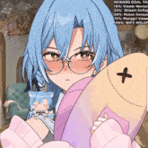 a girl with blue hair and glasses is holding a stuffed animal