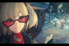 a girl wearing red sunglasses and a black jacket