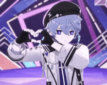 a boy with blue hair and a hat with the letter x on it is making a heart shape with his hands