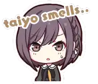 a cartoon girl with the words taiyo smells above her