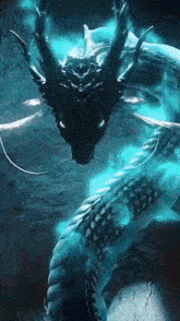 a dragon with a long tail and horns is glowing in the dark