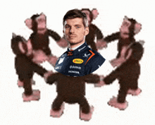 a man in a red bull shirt is surrounded by pink monkeys