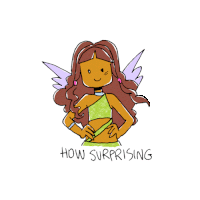 a cartoon of a girl with wings and the words how surprising written below her
