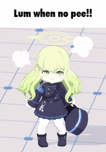 a picture of a girl with the words lum when no pee written on it